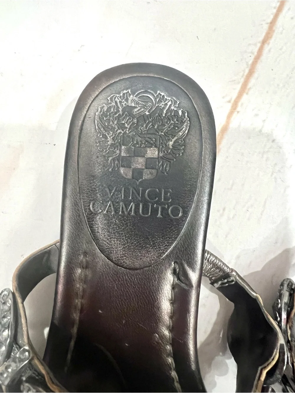 Vince Camuto Metallic Leather Imanal Rhinestone Jeweled Kitten Wedge Sandals